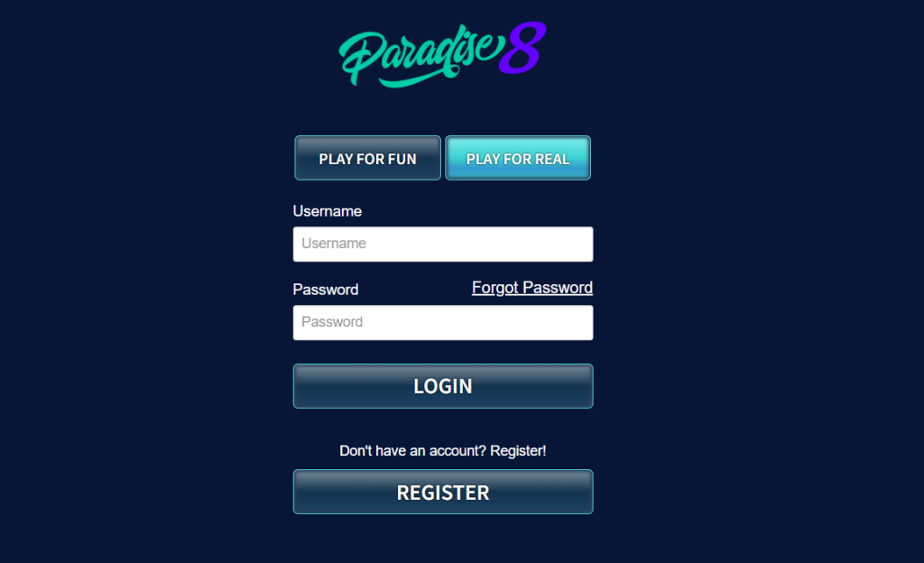 Paradise8 registration form.